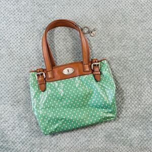 VINTAGE FOSSIL KEY PER JADE GREEN COATED CANVAS LEATHER TOTE BAG & WALLET